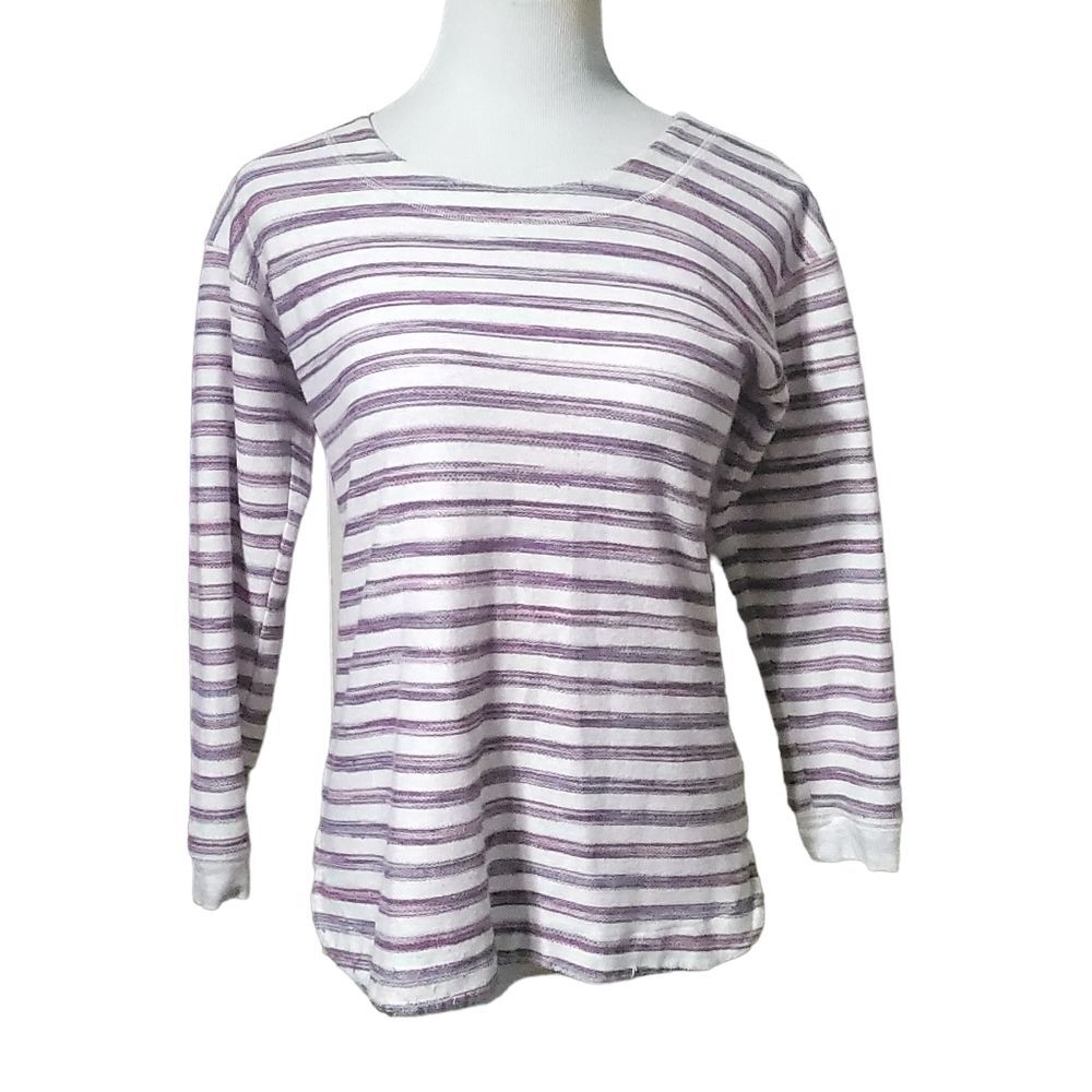 T by Talbots Pullover Sweatshirt Striped Cream Pink Button Back Top Womens Sp
